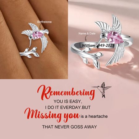 Personalized Hummingbird Birthstone Ring – Custom Engraving